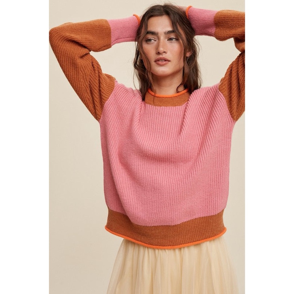 Listicle Color Block Ribbed Knit Drop Shoulder Sweater- Medium